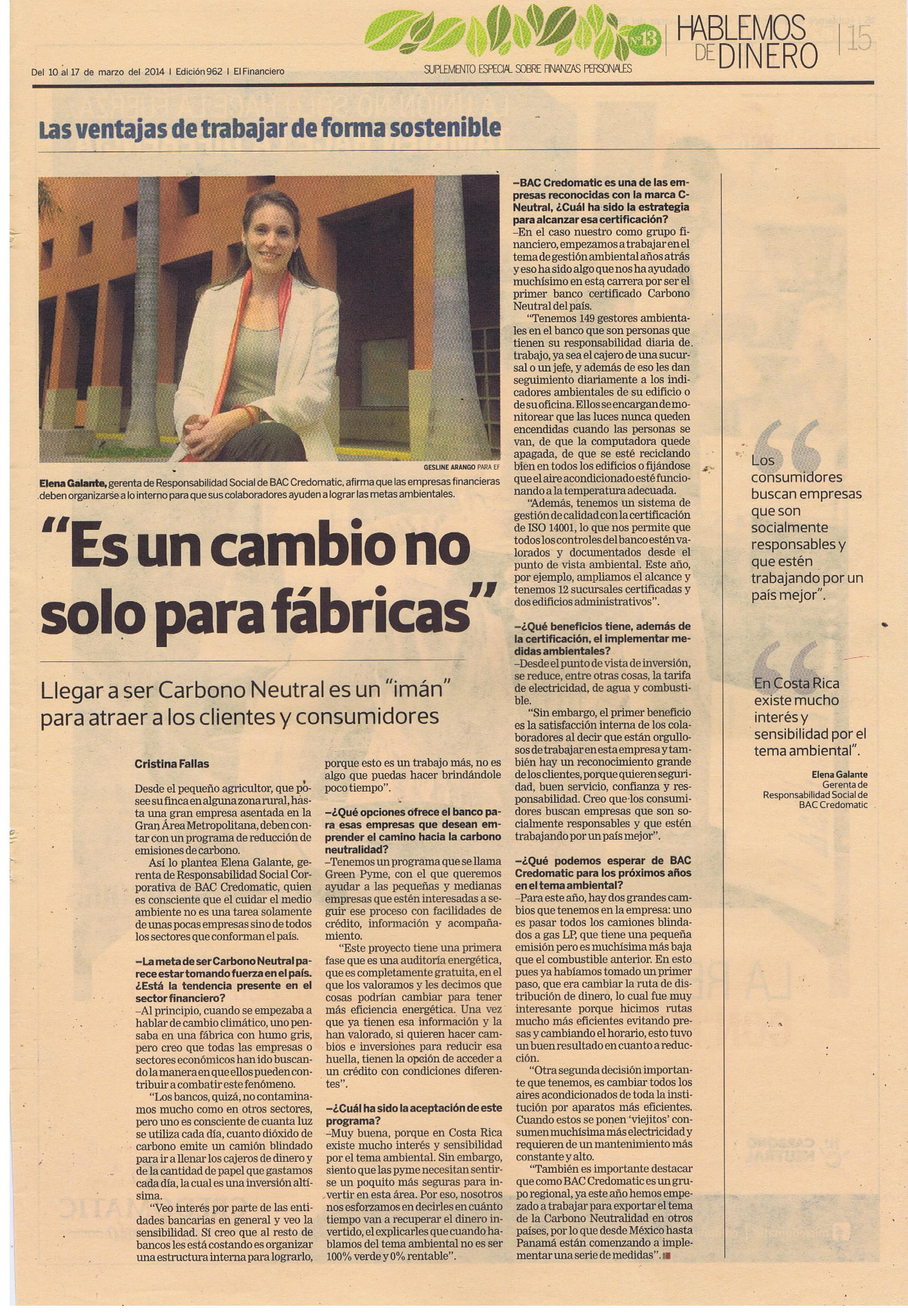 El Financiero · Marzo de 2014 — «Es un cambio no solo para fábricas»