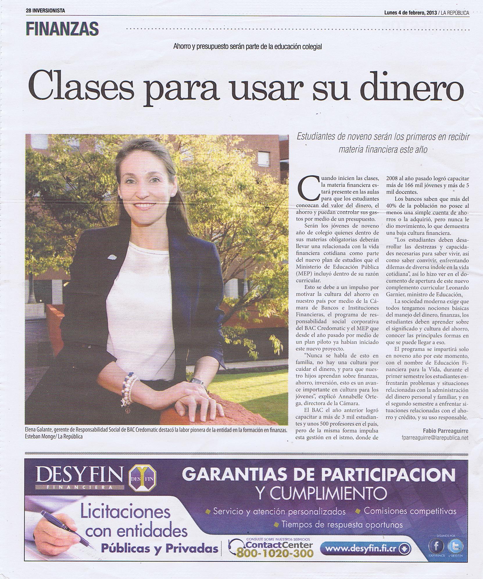 La República · 4 de febrero de 2013 — «Clases para usar su dinero»
